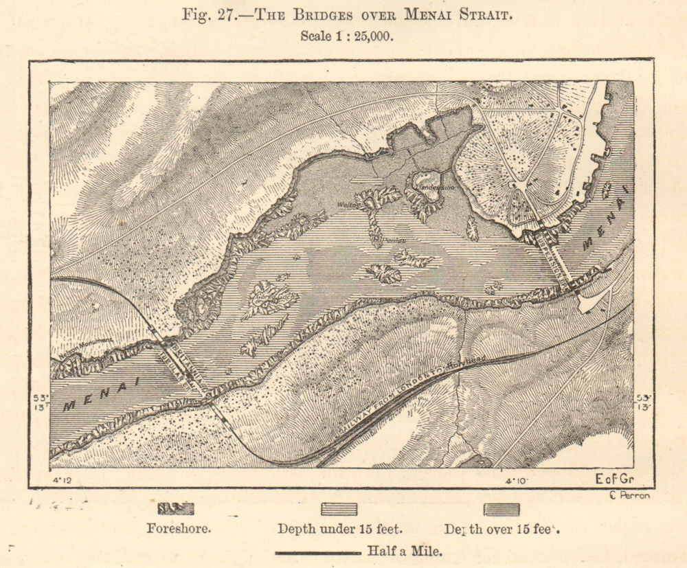 Menai Strait bridges. Anglesey. Britannia tubular bridge. Wales. Sketch map 1885